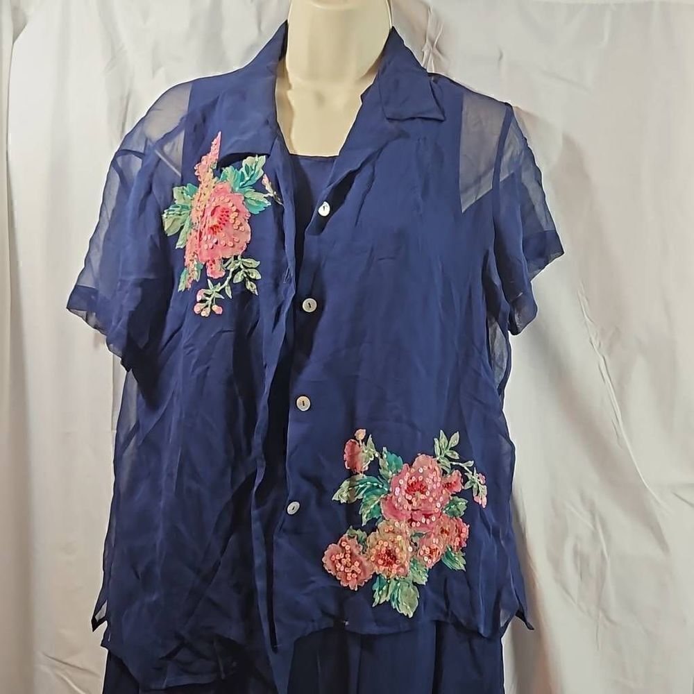 Vintage Robbie Bee 100% Silk Sequin Floral Accent 2 Piece Blue Dress and Blouse